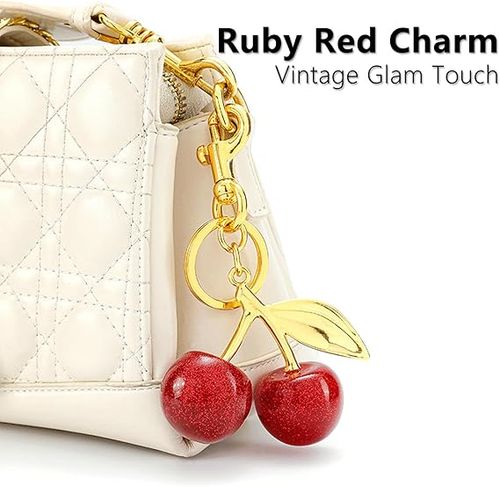 Shiny Red Cherry Bag Charm Keychain | Vintage Gold Plated 3D Fruit Pendant | Cute Handbag Key Ring Accessory | Perfect Girl Gift Free Delivery