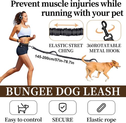 Waist Dog Hands Free Dogs Leash, Waist Running Leash with Zipper, Walking Pouch for Dog Walking, Reflective Dual Padded Handles Bungee Retractable Running for Medium to Large Dogs (Black)