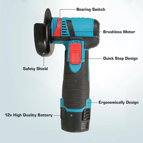 LIROPAU 12V Cordless Angle Grinder with 2 x 1500 mAh Batteries, 2 x Cutting Discs, 1 x Small Wrench and Charger, for Grinding, Cutting, Polishing