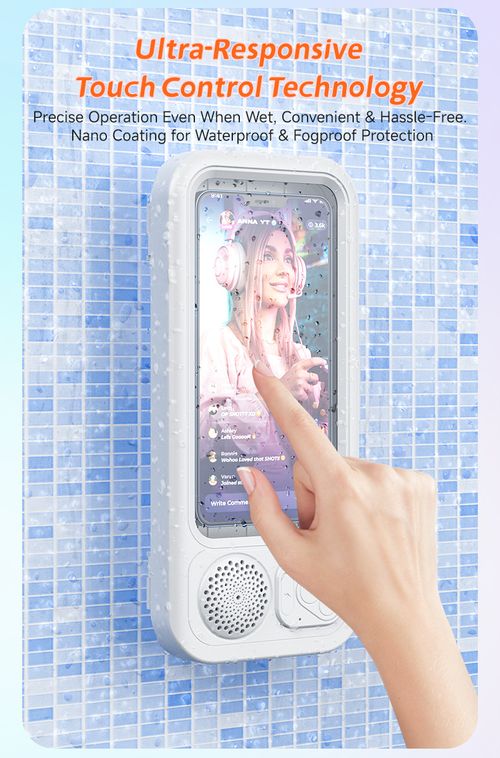 Waterproof Bathroom Bluetooth Speaker | Wall Mount Phone Holder Touch Screen Shower Speaker 2 In 1 Shower Phone Stand & Bluetooth Speaker | IPX Waterproof For Bathroom Kitchen Portable Wall Mount Waterproof Speaker | Hands Free Music & Video Viewing For Shower