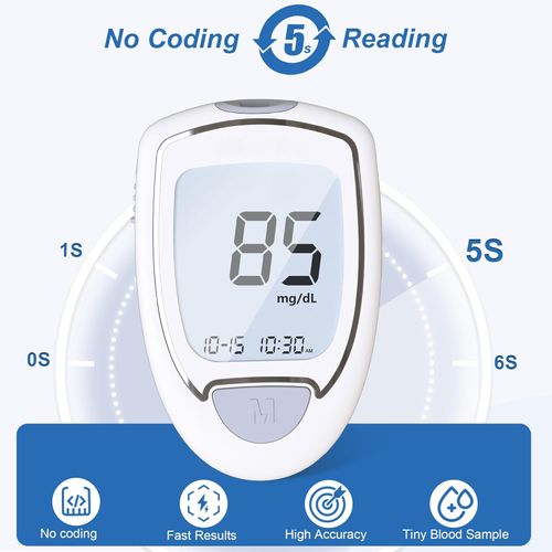 Glucose Monitor Kit, High Accuracy Blood Sugar Testing Kit with 50 Glucometer Strips or 50 Lancets, Larger-Screen Glucose Monitor with Lancing Devices, No Coding, Portable for Home or Travel