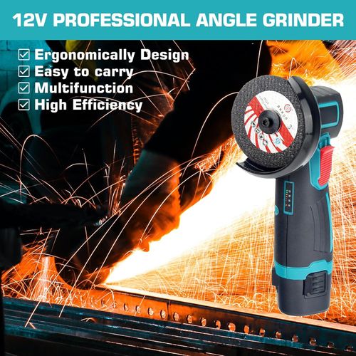 LIROPAU 12V Cordless Angle Grinder with 2 x 1500 mAh Batteries, 2 x Cutting Discs, 1 x Small Wrench and Charger, for Grinding, Cutting, Polishing