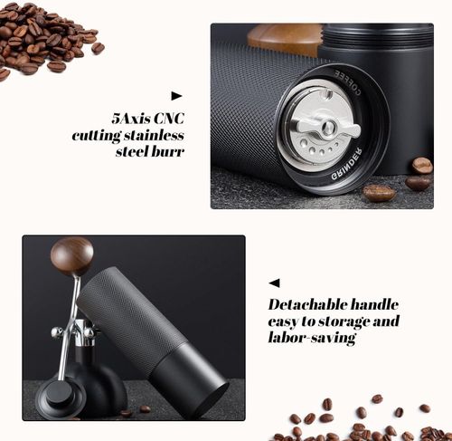 Manual Coffee Grinder Capacity 25 Grams, Stainless Steel Burrs - Wooden Handle, Burr Coffee Grinder for Home, Office, Camping, Hiking (Black)