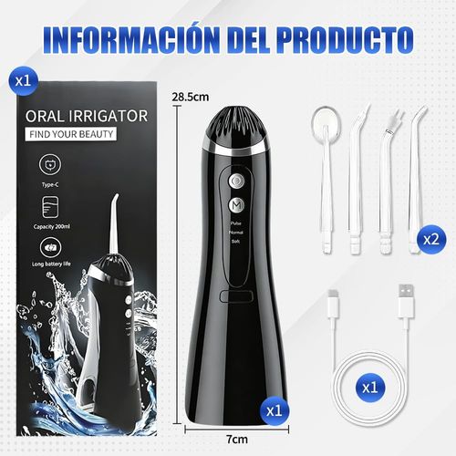 Irrigador Bucal, Irrigador Bucal Inalámbrico Portatil 3 Modos de Limpieza y 4 Puntas IPX7 Impermeable Limpiador de Dientes Recargable por USB para Hogar y Viajes (Negro)