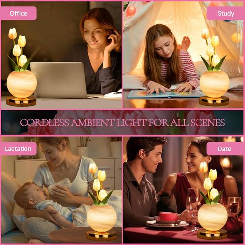 Tulip Table Lamp, Rechargeable Cordless Touch Dimming Artificial Tulip Flower Desk Lamp, LED Flower Bedside Night Light Romantic Gifts for Girl Women Mom