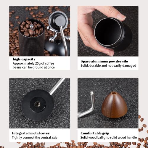 Manual Coffee Grinder Capacity 25 Grams, Stainless Steel Burrs - Wooden Handle, Burr Coffee Grinder for Home, Office, Camping, Hiking (Black)