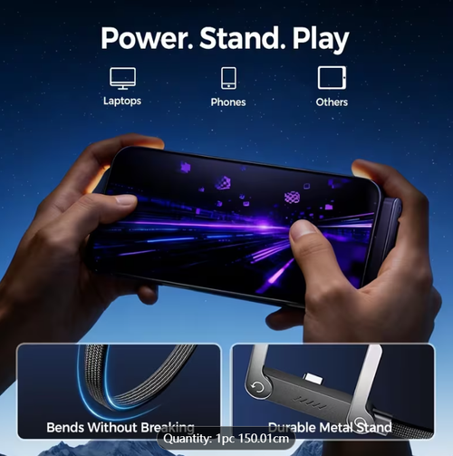 2026 Latest XNI65W Foldable Phone Holder Data Cable USB-C Super Fast Charge, Charging Cable 1.5 Meters, 65W Braided Fast Charging Cable with Built-In Phone Holder T-Shaped Folding Design, Suitable for Iphone15-17 Series