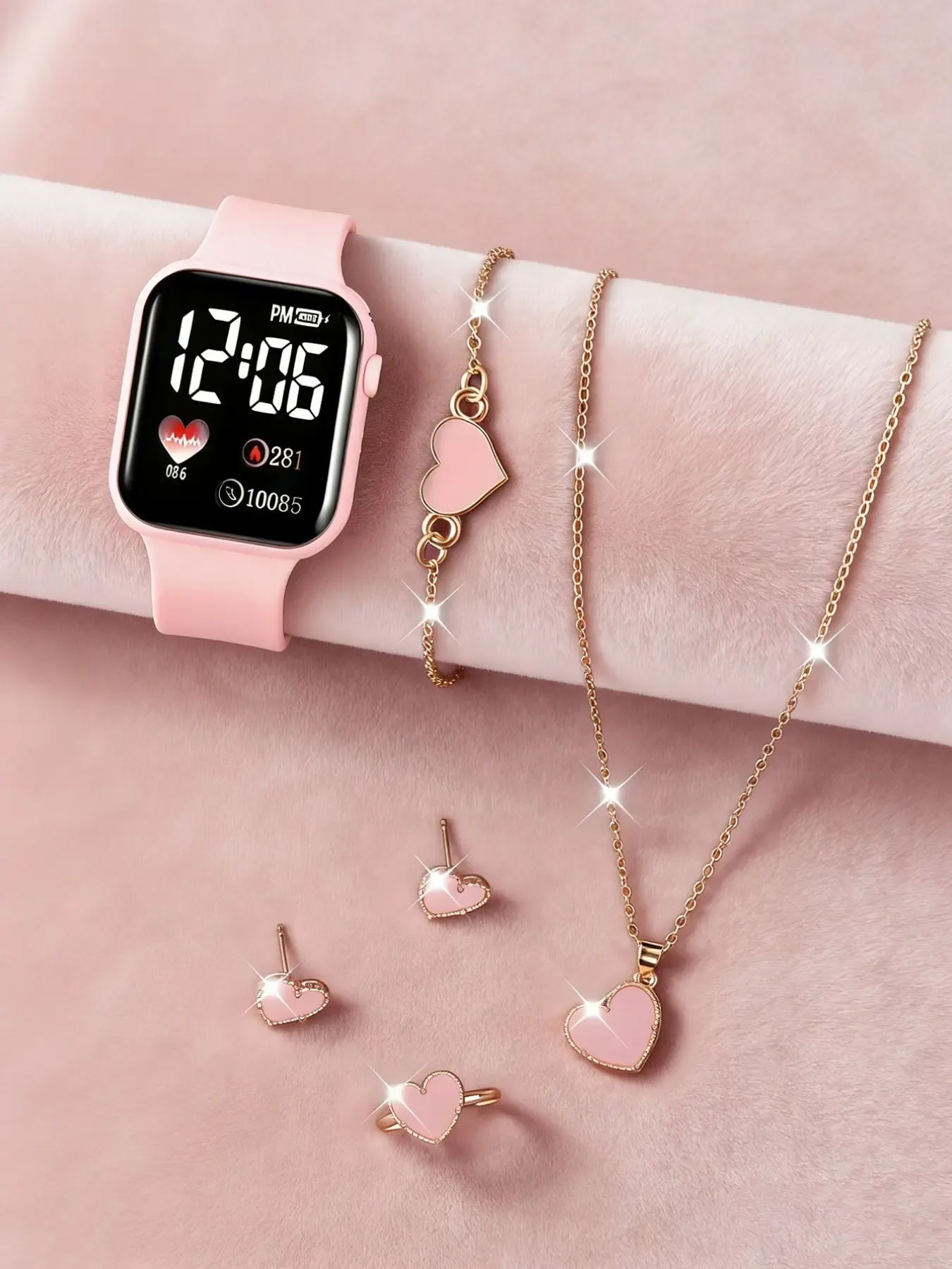 Mother's Day Gift Fashion Digital Watch Set with Belt & Bracelet, Heart-shaped Earrings, Perfect Gift for Children, Ideal for Christmas & Back-to-school Season, Wristwatch, Accessories