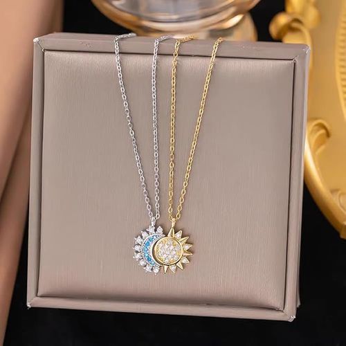 LISHANTI Elegant Sun and Moon Pendant Necklace Set for Women | Gold and Silver Tone Chains with Sparkling Stones | Gift for Her, Birthday, Anniversary Jewelry