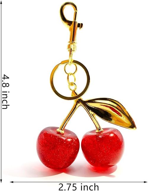 Shiny Red Cherry Bag Charm Keychain | Vintage Gold Plated 3D Fruit Pendant | Cute Handbag Key Ring Accessory | Perfect Girl Gift Free Delivery