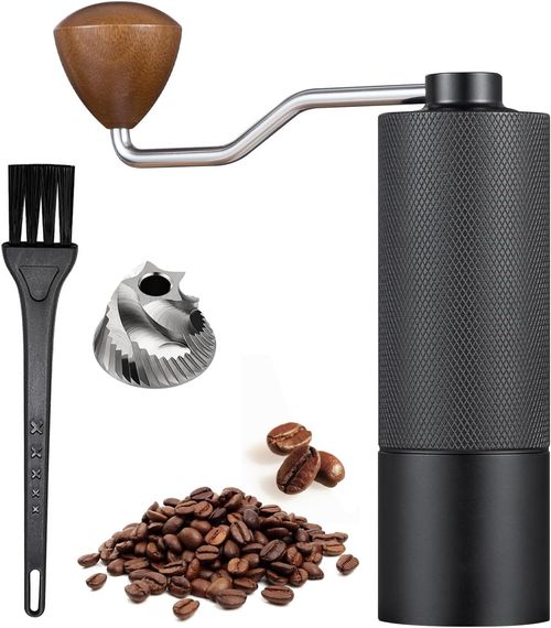 Manual Coffee Grinder Capacity 25 Grams, Stainless Steel Burrs - Wooden Handle, Burr Coffee Grinder for Home, Office, Camping, Hiking (Black)