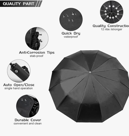 Travel Umbrella,10 Ribs Compact Windproof Folding Black Umbrella,Automatic Umbrellas for Rain,Sun,Backpack,Car,Travel,Golf.