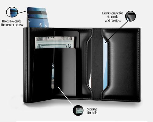 TITAN X Trifold Wallet | Minimalist Slim Metal Leather anti RFID Wallet | Front Pocket Minimalist Wallet For Men, Gift Boxed (Black Leather)