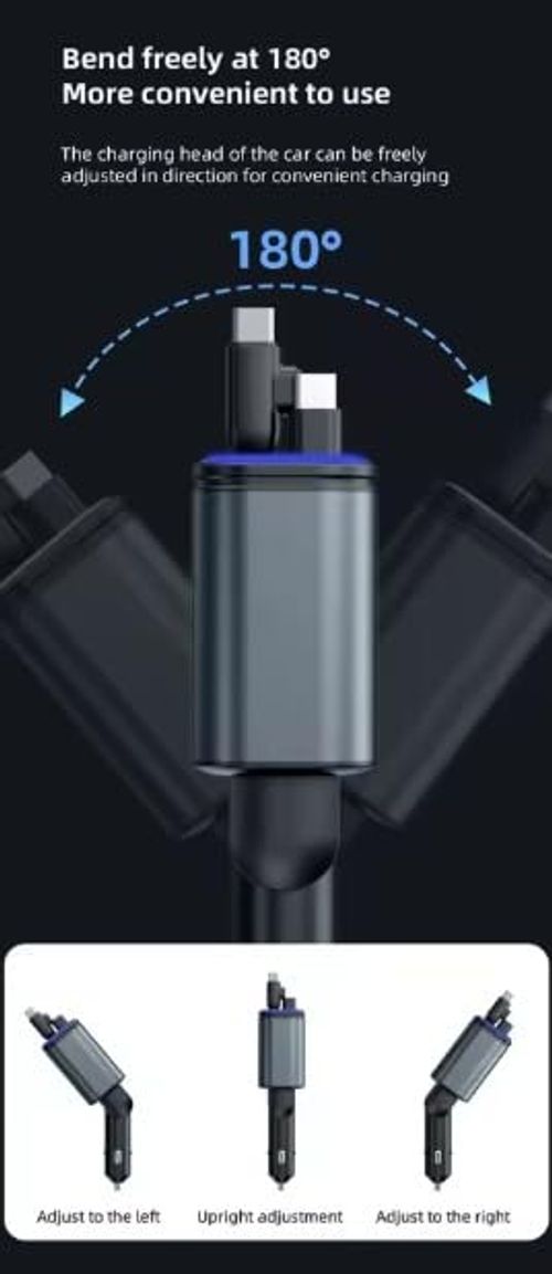 RGV Letest Upgrade Edition 5 in 1 Retractable Car Charger LED Starlight Headliner PD 180W Dual Fast Charging Type C for iPhone Android (Grey)