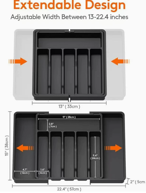 Silverware Storage Tray (with Outer Casing) — Adjustable Cutlery Organizer, Expandable Plastic Drawer Insert (Black)
