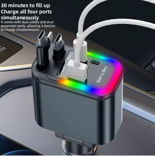 RGV Letest Upgrade Edition 5 in 1 Retractable Car Charger LED Starlight Headliner PD 180W Dual Fast Charging Type C for iPhone Android (Grey)