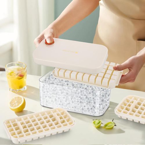 🧊Press Ice Cube Tray + Free Ice Scoop, Easy ReleaseIce Cube Tray with 100 Ice Cubes, Ice Cube Tray with Lid and Container Including Lid and Container, Easy Press to Release Ice, 2 Levels, 1 Ice Bucket