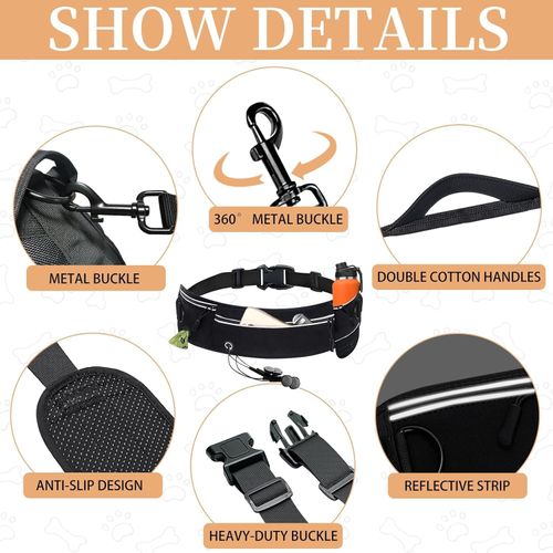 Waist Dog Hands Free Dogs Leash, Waist Running Leash with Zipper, Walking Pouch for Dog Walking, Reflective Dual Padded Handles Bungee Retractable Running for Medium to Large Dogs (Black)