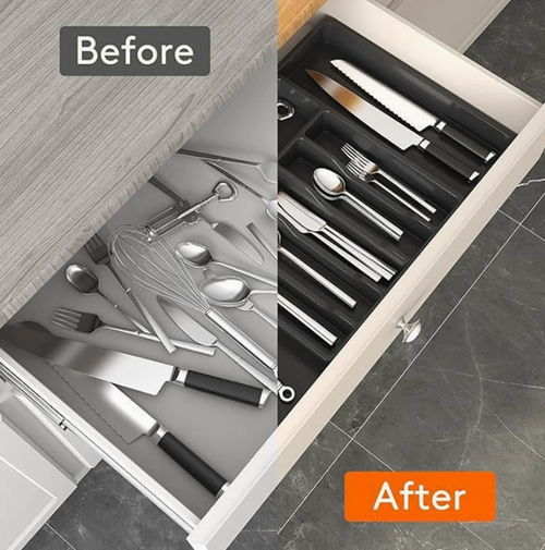 Silverware Storage Tray (with Outer Casing) — Adjustable Cutlery Organizer, Expandable Plastic Drawer Insert (Black)