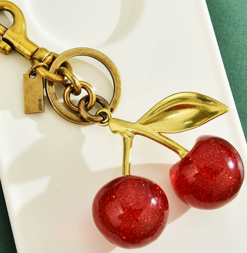 Shiny Red Cherry Bag Charm Keychain | Vintage Gold Plated 3D Fruit Pendant | Cute Handbag Key Ring Accessory | Perfect Girl Gift Free Delivery