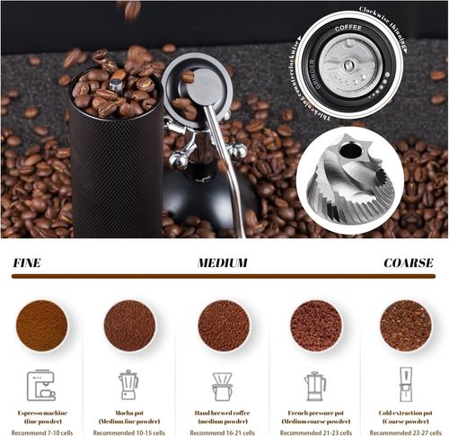Manual Coffee Grinder Capacity 25 Grams, Stainless Steel Burrs - Wooden Handle, Burr Coffee Grinder for Home, Office, Camping, Hiking (Black)