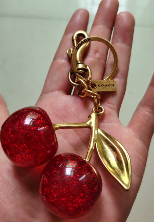 Shiny Red Cherry Bag Charm Keychain | Vintage Gold Plated 3D Fruit Pendant | Cute Handbag Key Ring Accessory | Perfect Girl Gift Free Delivery