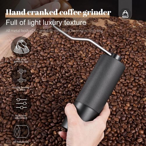 Manual Coffee Grinder Capacity 25 Grams, Stainless Steel Burrs - Wooden Handle, Burr Coffee Grinder for Home, Office, Camping, Hiking (Black)