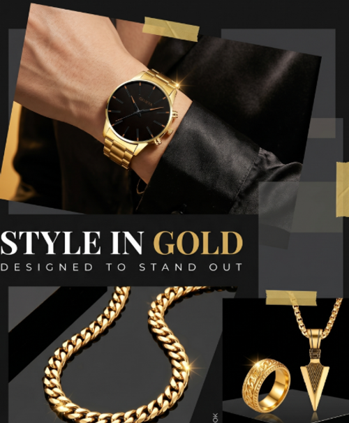 Luxury Gold Geneva Men Watch Set Classic Business Quartz Wristwatch Hip Hop Bracelet Necklace Ring 4Pcs Fashion Male Jewelry Gift Set