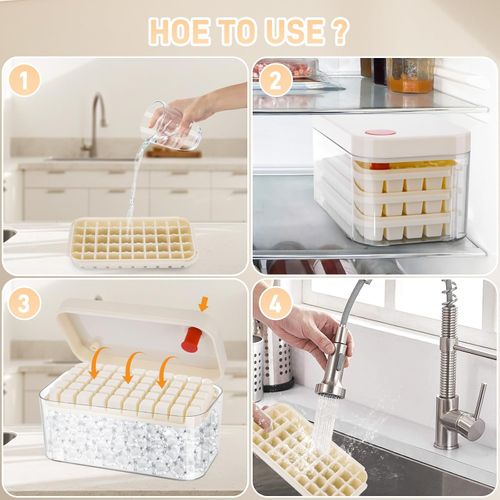 🧊Press Ice Cube Tray + Free Ice Scoop, Easy ReleaseIce Cube Tray with 100 Ice Cubes, Ice Cube Tray with Lid and Container Including Lid and Container, Easy Press to Release Ice, 2 Levels, 1 Ice Bucket