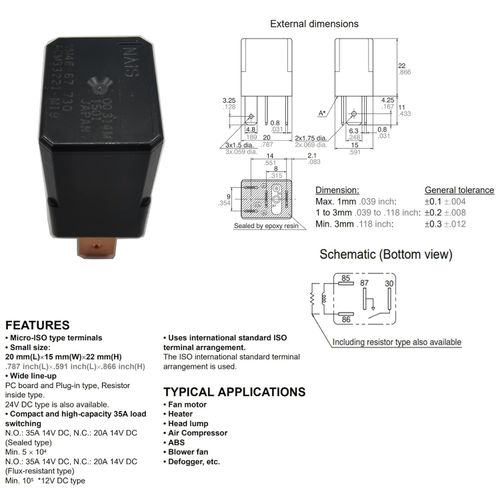 Relay UM4667730, ACM13221, CM1A-R-12V-H46 for Honda Mazda Nissan Frontier, Armada, Titan, Xterra, Pathfinder AorC Fan Motor, Head lump, Multiple Use Relay Plug in 4 Pins 12V 35A
