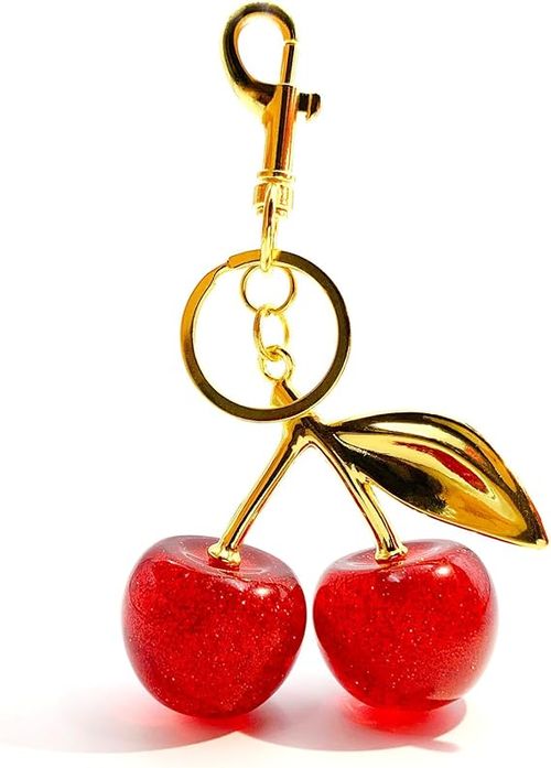 Shiny Red Cherry Bag Charm Keychain | Vintage Gold Plated 3D Fruit Pendant | Cute Handbag Key Ring Accessory | Perfect Girl Gift Free Delivery