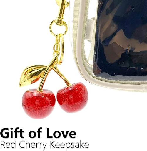 Shiny Red Cherry Bag Charm Keychain | Vintage Gold Plated 3D Fruit Pendant | Cute Handbag Key Ring Accessory | Perfect Girl Gift Free Delivery