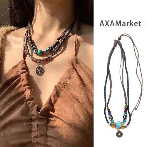 Hand-woven boho double-layer leather rope necklace  Adjustable ethnic sweater chain  Ghana's hot-selling retro bestie accessories