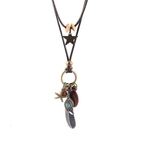 Zen vintage double length feather pendant leather necklace women's bohemian style new Chinese ethnic style accessory