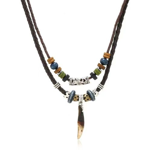 Hand-woven boho double-layer leather rope necklace  Adjustable ethnic sweater chain  Ghana's hot-selling retro bestie accessories