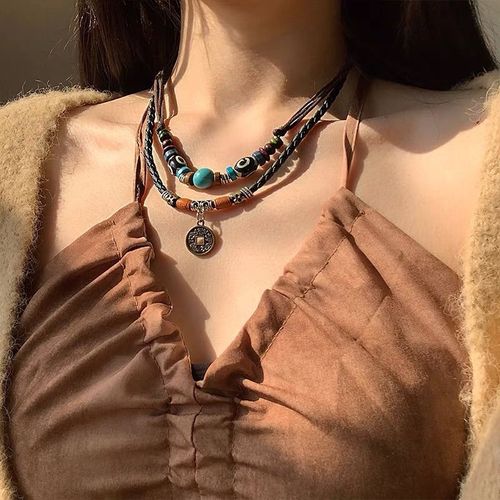 Hand-woven boho double-layer leather rope necklace  Adjustable ethnic sweater chain  Ghana's hot-selling retro bestie accessories