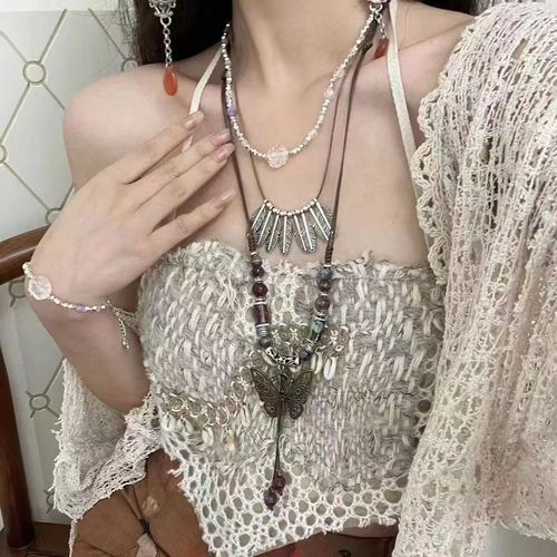 Three-layer feather bead chain necklace tassel butterfly pendant Ghana Bohemian ethnic style jewelry necklace women's sweater chain accessories