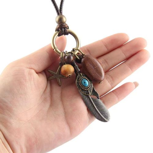Zen vintage double length feather pendant leather necklace women's bohemian style new Chinese ethnic style accessory