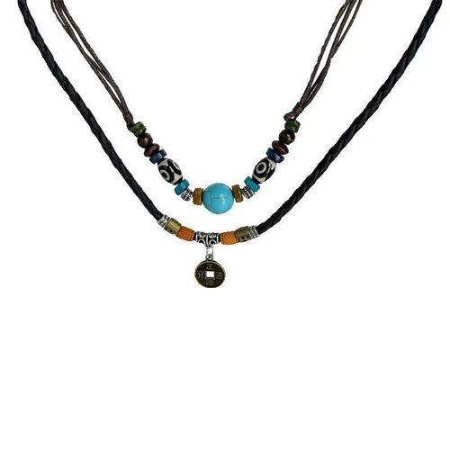 Hand-woven boho double-layer leather rope necklace  Adjustable ethnic sweater chain  Ghana's hot-selling retro bestie accessories