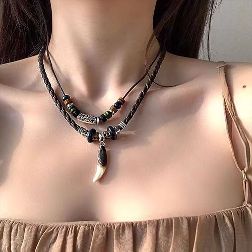 Hand-woven boho double-layer leather rope necklace  Adjustable ethnic sweater chain  Ghana's hot-selling retro bestie accessories