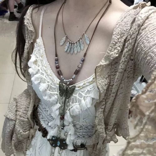 Three-layer feather bead chain necklace tassel butterfly pendant Ghana Bohemian ethnic style jewelry necklace women's sweater chain accessories