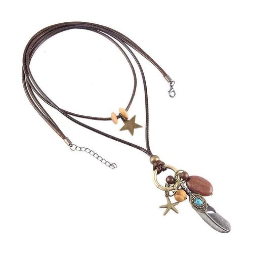 Zen vintage double length feather pendant leather necklace women's bohemian style new Chinese ethnic style accessory