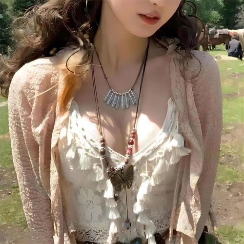 Three-layer feather bead chain necklace tassel butterfly pendant Ghana Bohemian ethnic style jewelry necklace women's sweater chain accessories