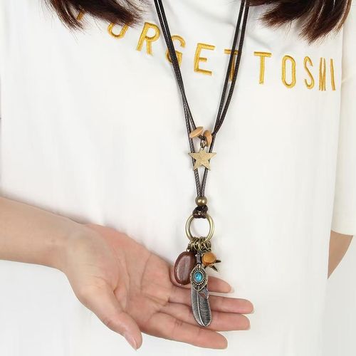 Zen vintage double length feather pendant leather necklace women's bohemian style new Chinese ethnic style accessory
