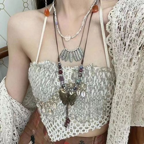 Three-layer feather bead chain necklace tassel butterfly pendant Ghana Bohemian ethnic style jewelry necklace women's sweater chain accessories