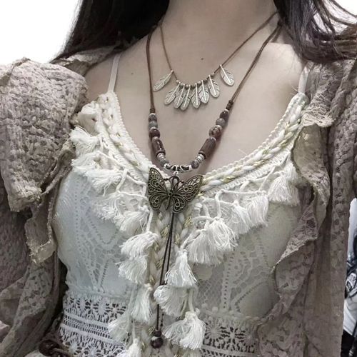 Three-layer feather bead chain necklace tassel butterfly pendant Ghana Bohemian ethnic style jewelry necklace women's sweater chain accessories