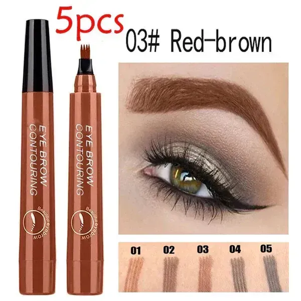 Lápis de sobrancelha à prova d'água de 5 cores, lápis de sobrancelha de 4 pinos, tatuagem de sobrancelha de longa duração, lápis de sobrancelha líquido marrom escuro natural. (Conjunto, um de cada uma das cinco cores)
