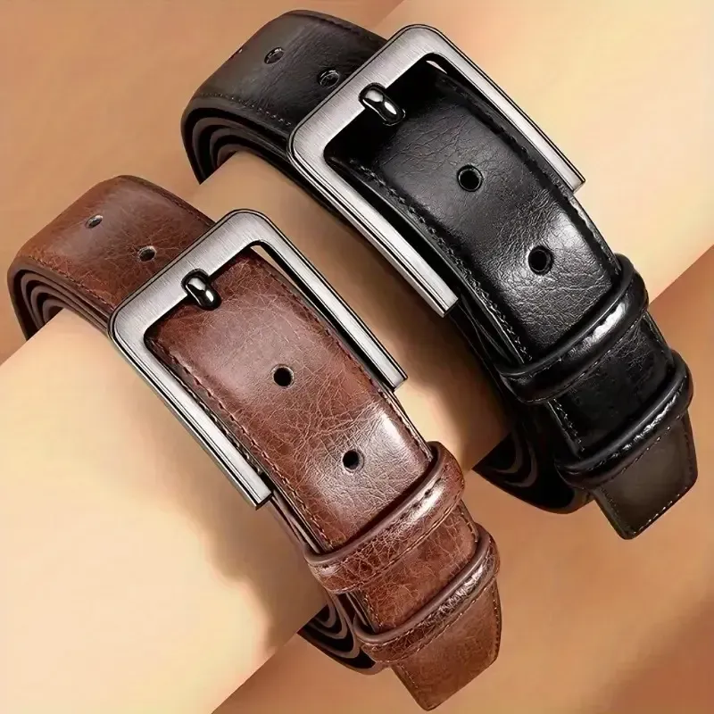 2 ceintures en cuir pour homme à boucle à ardillon, style décontracté rétro, ceinture pour jean jeune