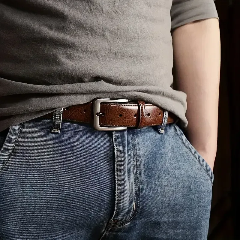 2 ceintures en cuir pour homme à boucle à ardillon, style décontracté rétro, ceinture pour jean jeune