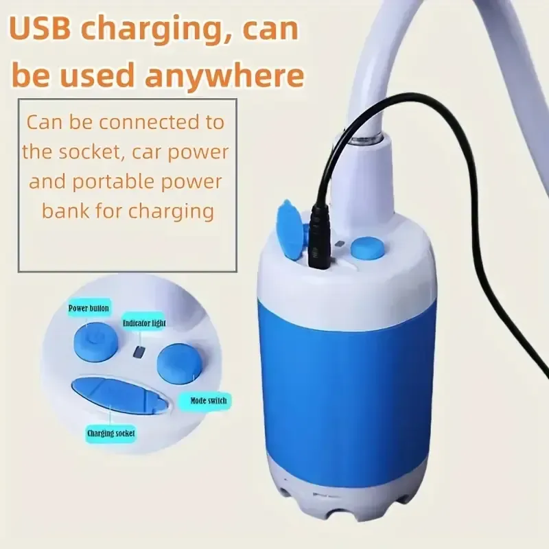 Sistema de irrigação com carregamento USB para chuveiro portátil. Adequado para caminhadas e escaladas.